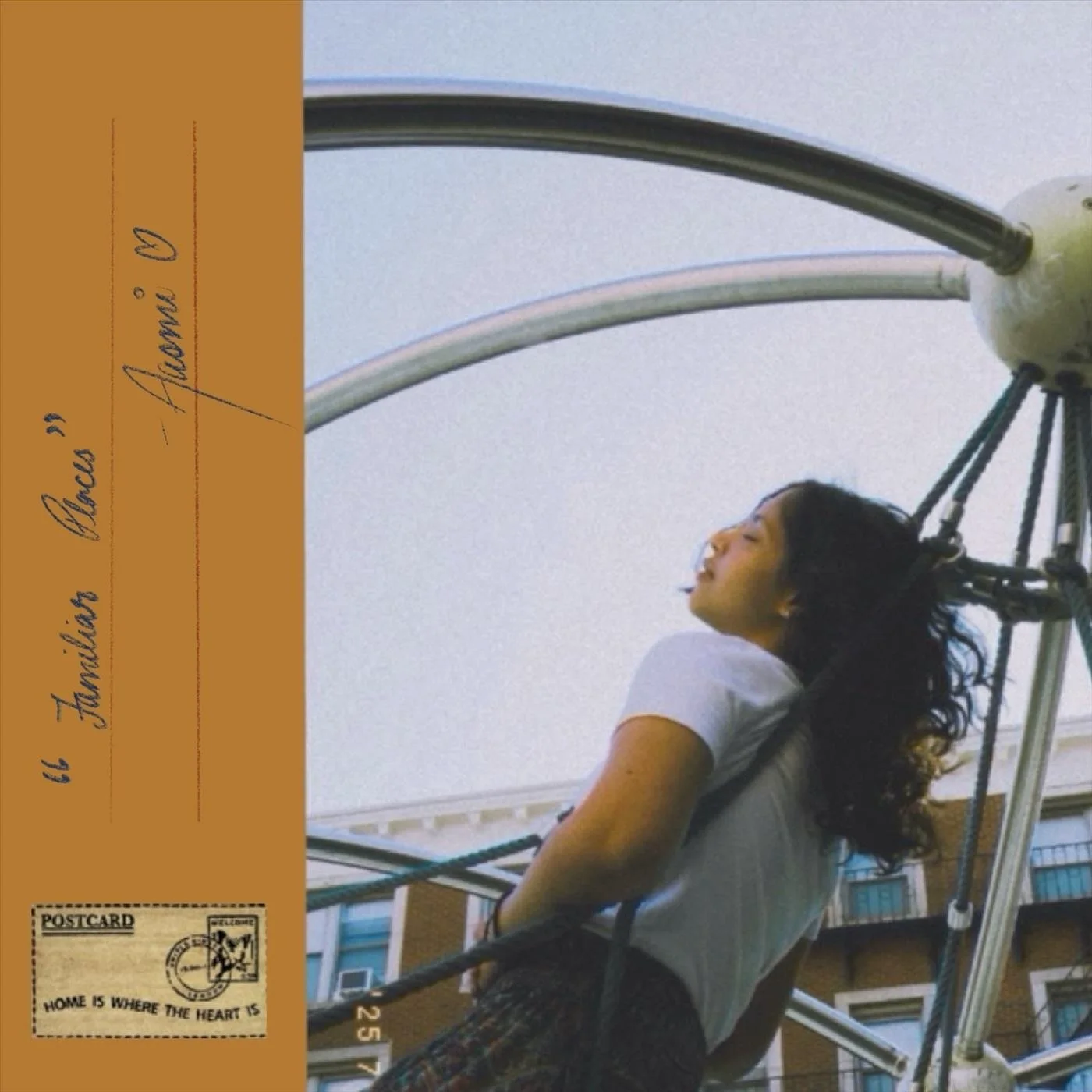 Cover of Familiar Places by Aasmi: a woman leaning back against a playground frame